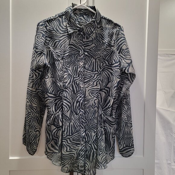 Tunic Button Down Shirt Blouse Jacket Beach Coverup Resort Stripped Gray Medium - Picture 1 of 17